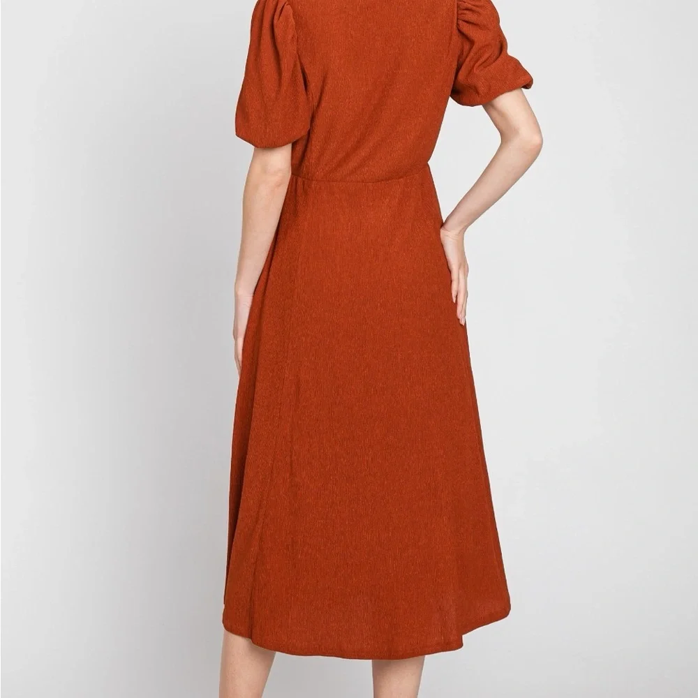 Elegant Rust MIdi Dress, Lined. Has pockets. A-line - Picture 4 of 5